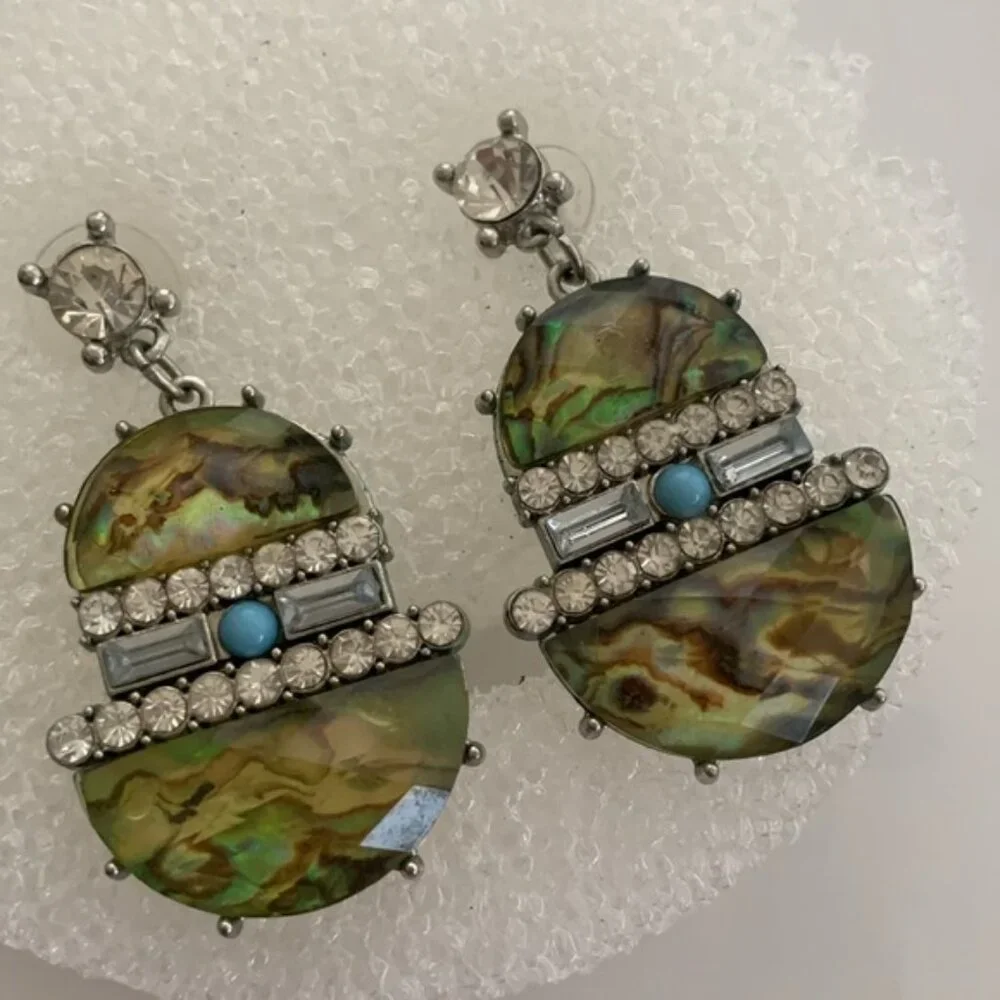 Turquoise color earrings w Rhinestones VTG Jangle earrings post back 2in long